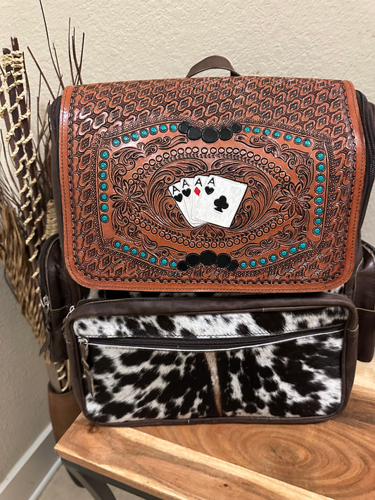 Tooled and cowhide playing cards backpack