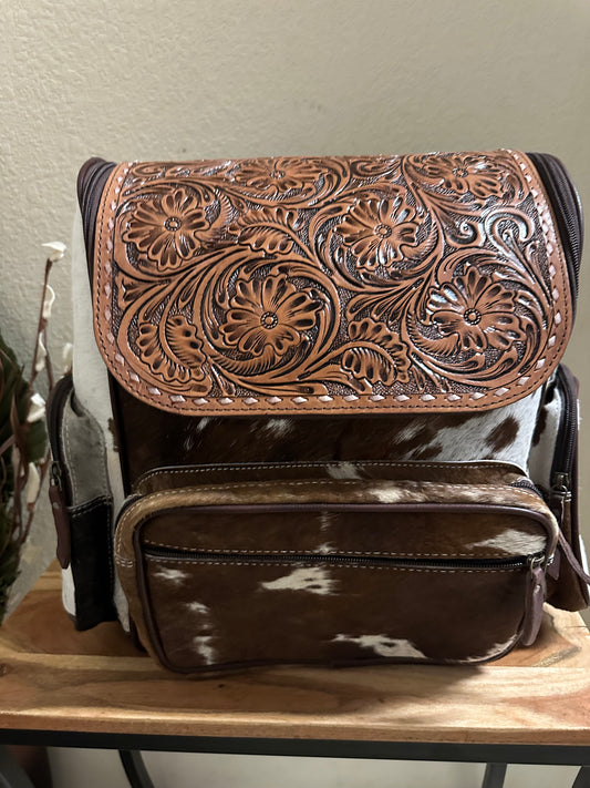 Cowhide and tooled backpack