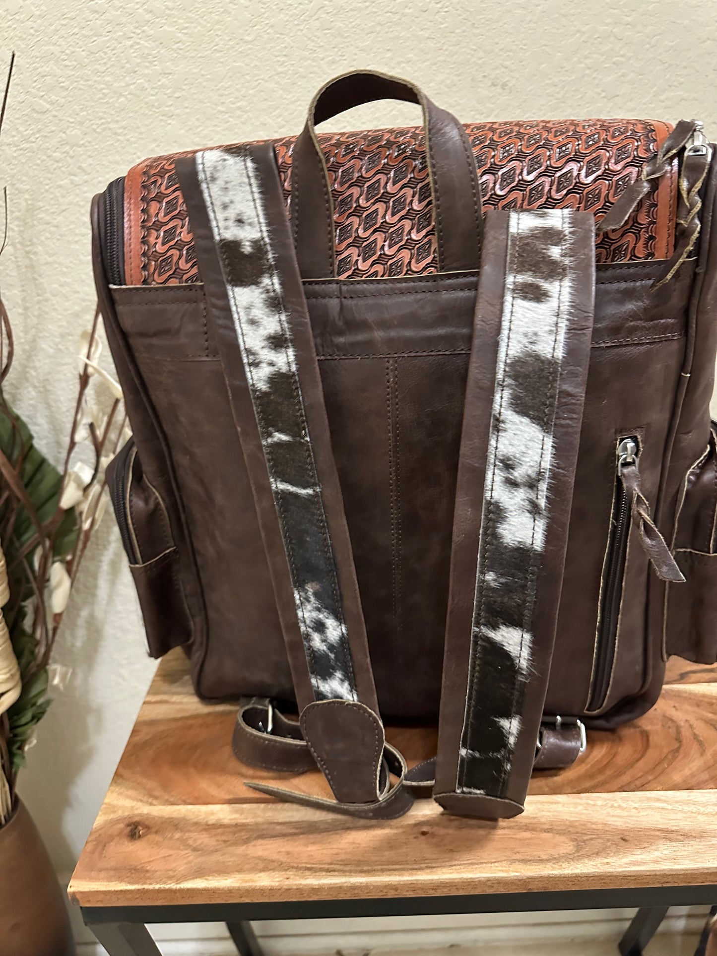 Tooled and cowhide playing cards backpack