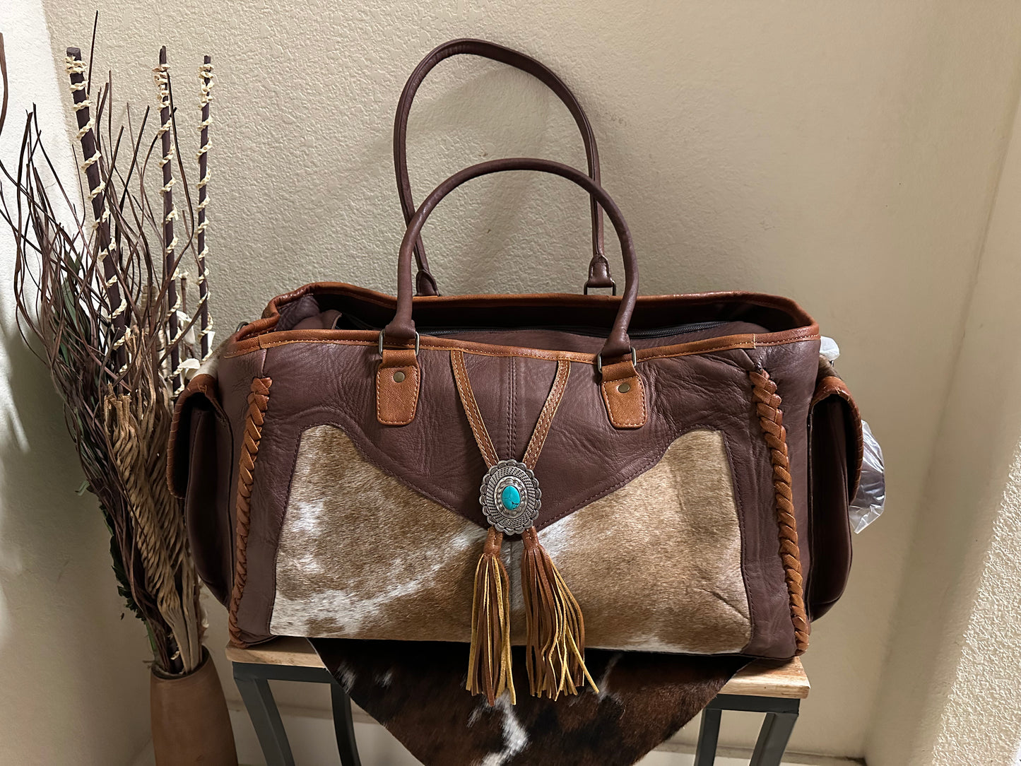 Beautiful cowhide and leather XL duffle bag