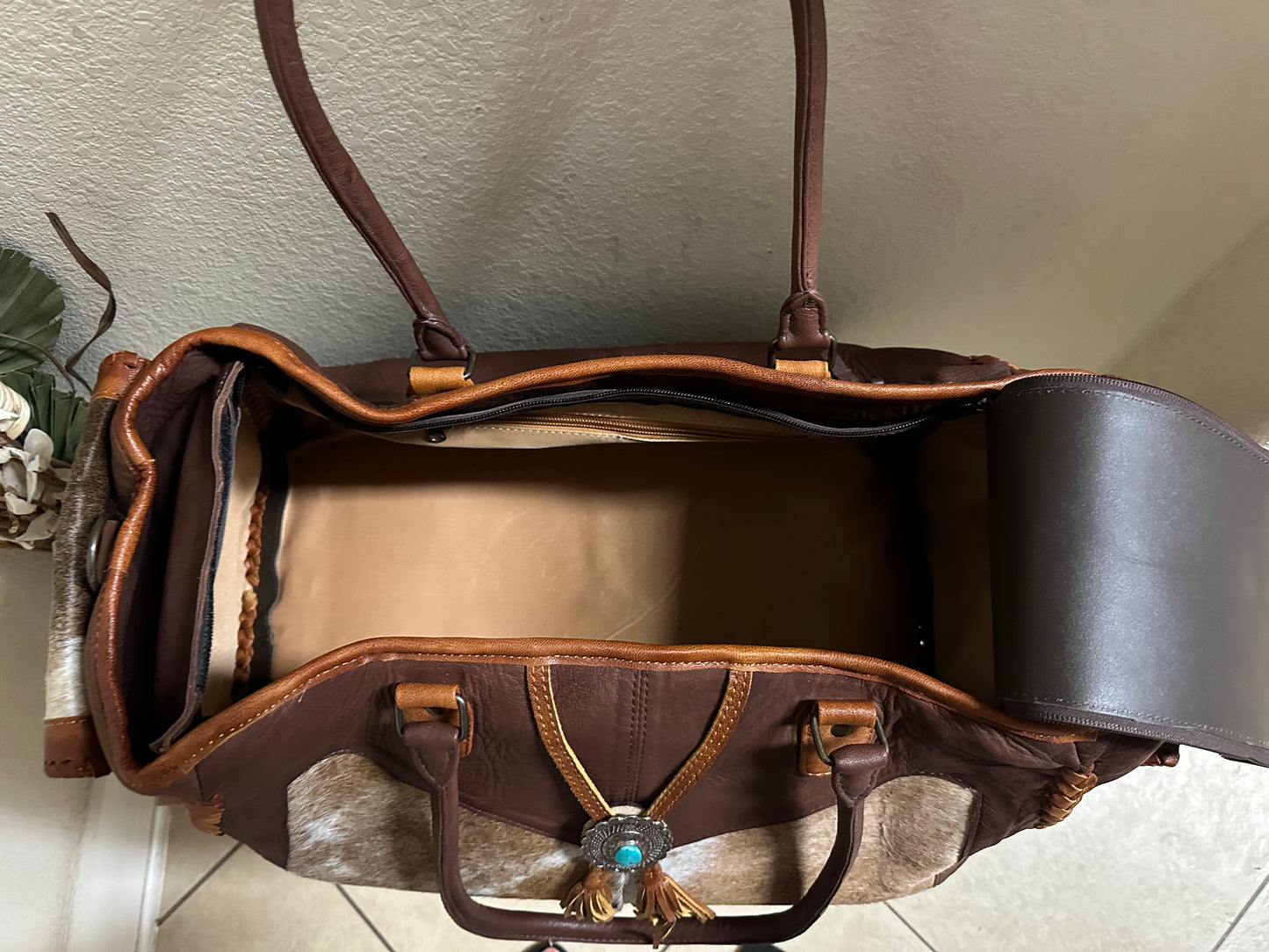 Beautiful cowhide and leather XL duffle bag