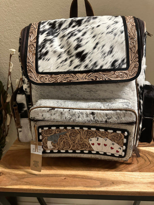 Casino and Pistol Cowhide and tooled backpack